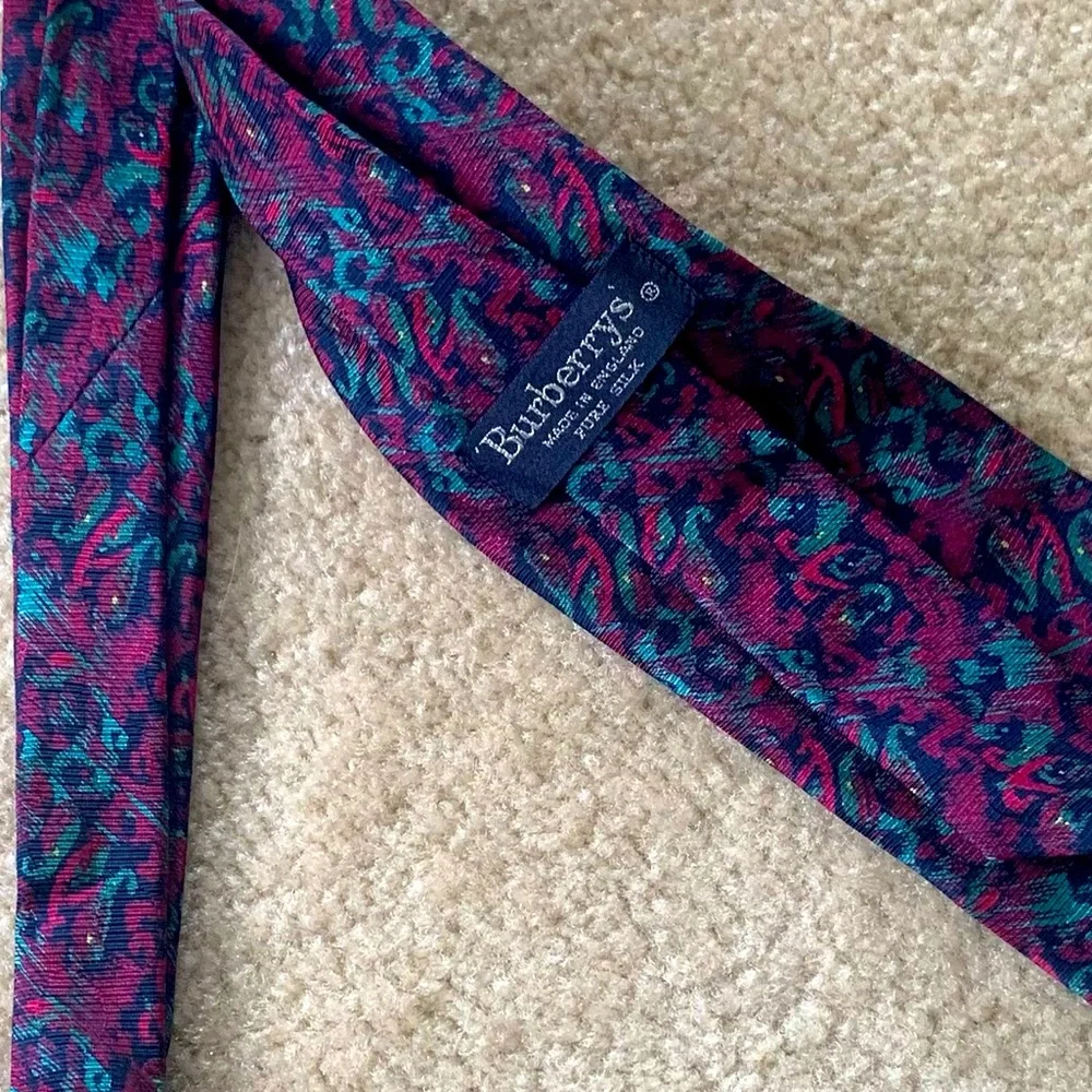 Burberry Teal Navy Blue And Burgundy Silk Tie